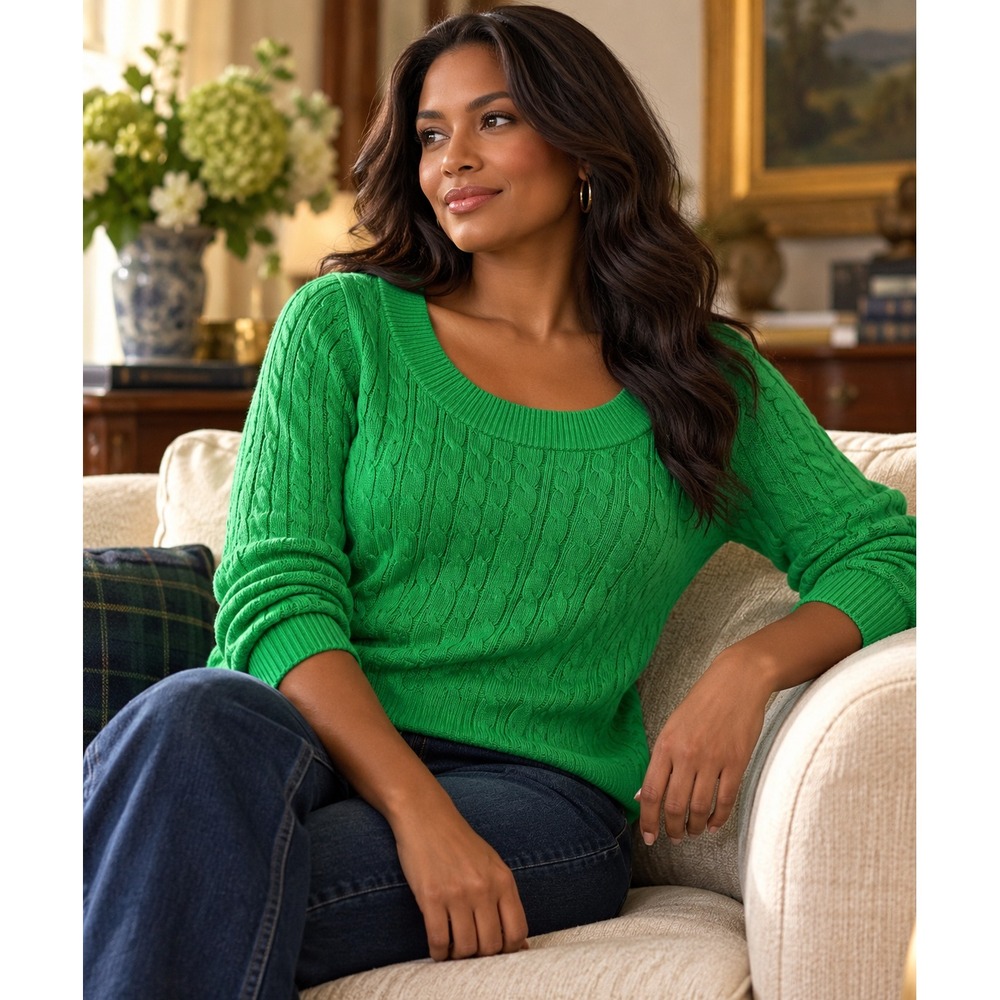 Lauren Ralph Lauren Cable Knit Wide Neck Cotton Blend Sweater XL Holiday Green